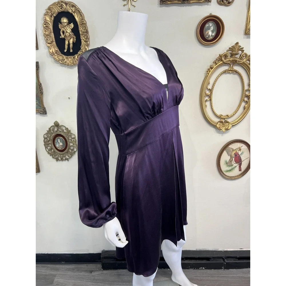 Laundry by Design Dark Purple Silk Long Sleeve V-Neck Mini Dress Size Small